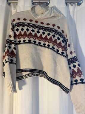 RD Style Cream Cowl-Neck Sweater with Rust and Black Fair Isle